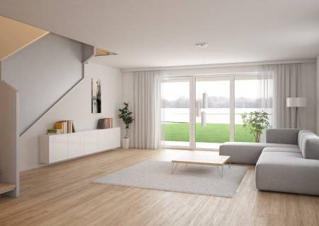 Visualisierung: Blick in den Wohnbereich der Gartenwohnung in Reihenhausart Visualisierung: Blick in den Wohnbereich der Gartenwohnung in Reihenhausart